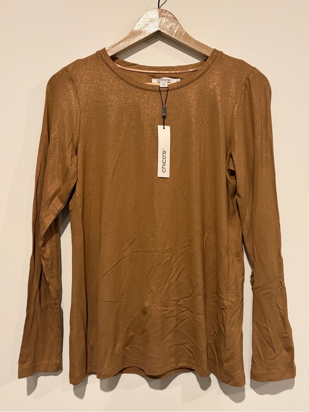 Chico's Size 0 S Brown Caramel Apple Touch of Cool Foil LS Layering Tee Top